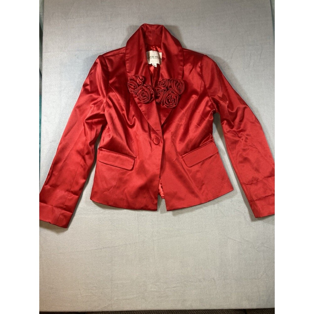 Boston Proper Dressy Satin Red Blazer 3D Floral Size 16 Evening, Event, Church